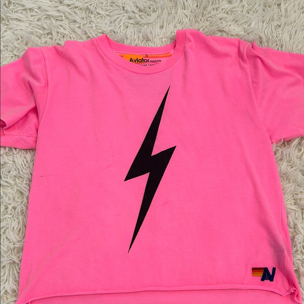 Aviator Nation Kids Neon Pink Tee with Black Lightning Bolt